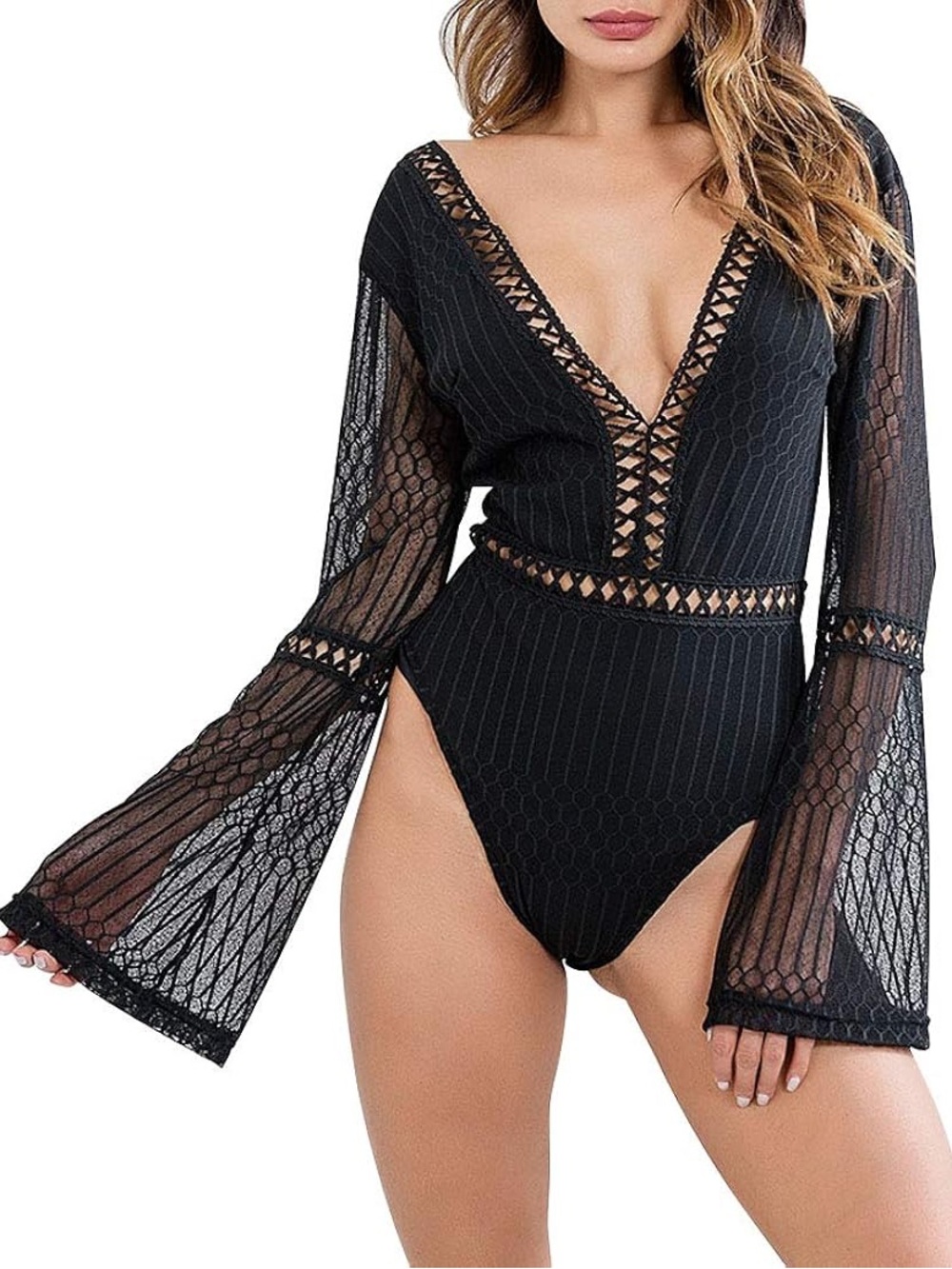 Hudson Gray Black Deep V Flare Sleeve Bodysuit